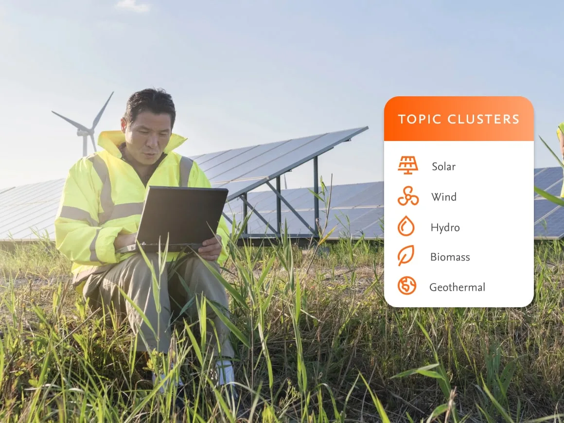 Engineer in field with solar panels with overlay of Knovel topic clusters