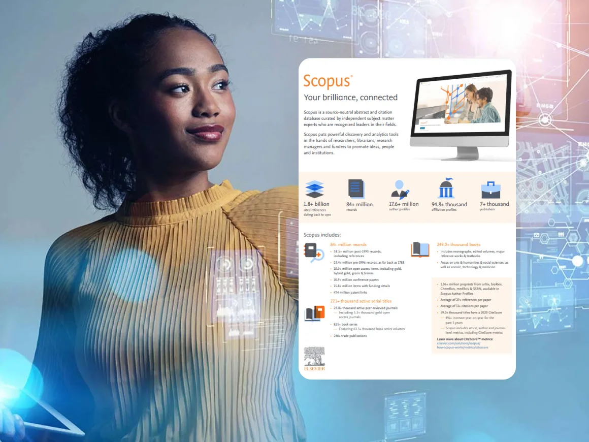 Concept photo of woman connecting to cutting edge research with overlay of Scopus factsheet