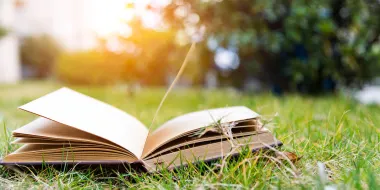 Photo of an open book in the grass (© istock.com/baona)