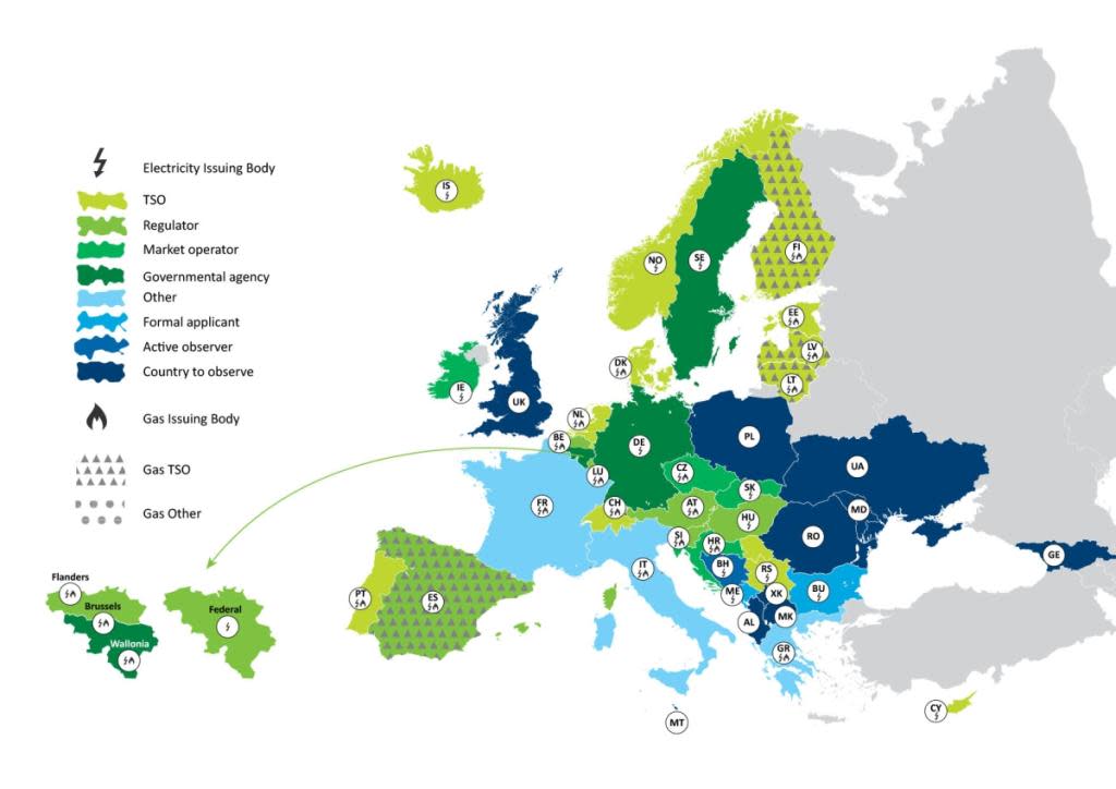 Euroopa päritolutunnistuste süsteemi kaart. Allikas: https://www.elering.ee/paritolutunnistused-0