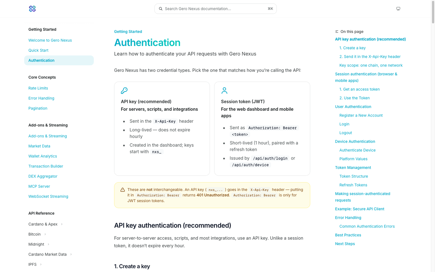 Nexus authentication documentation showing the X-Api-Key header and how each API key is scoped to one chain and one network