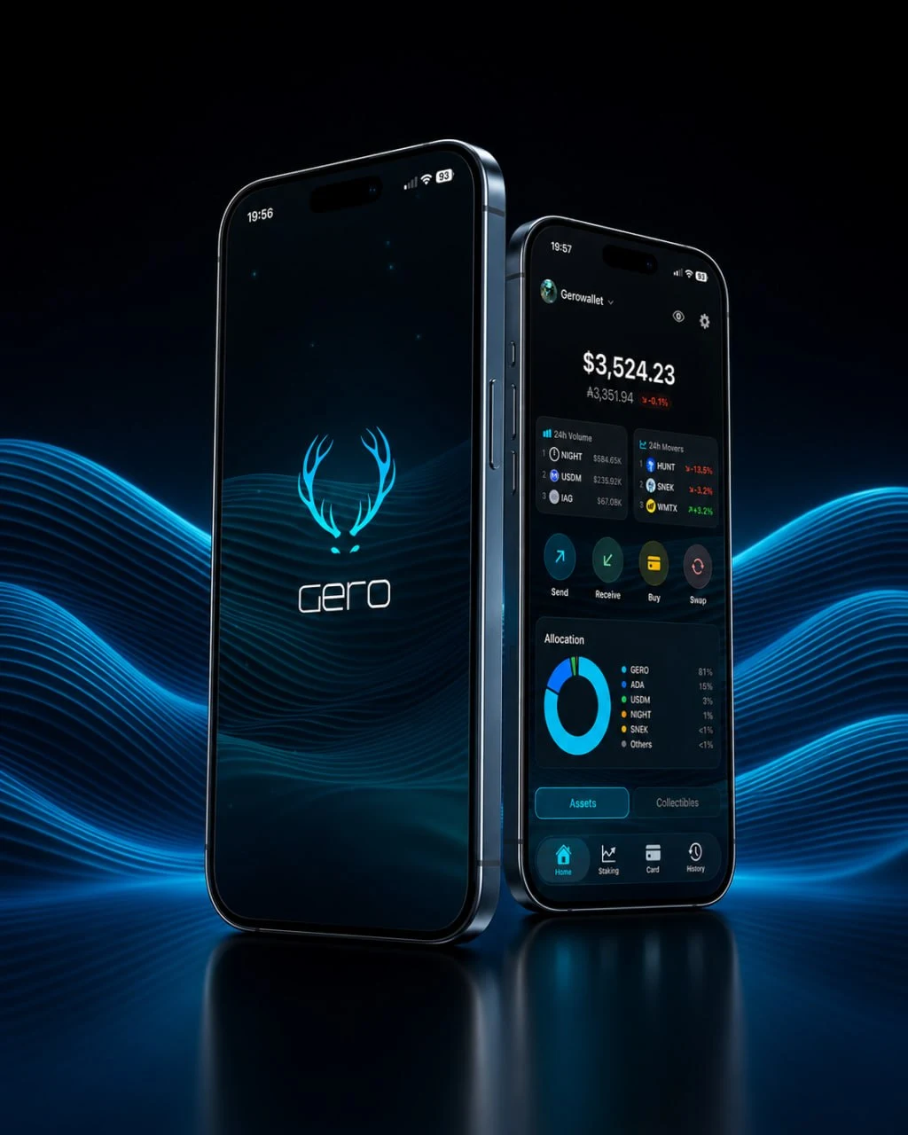 GeroWallet iOS app on two iPhones showing the Gero splash screen and the Cardano portfolio home screen