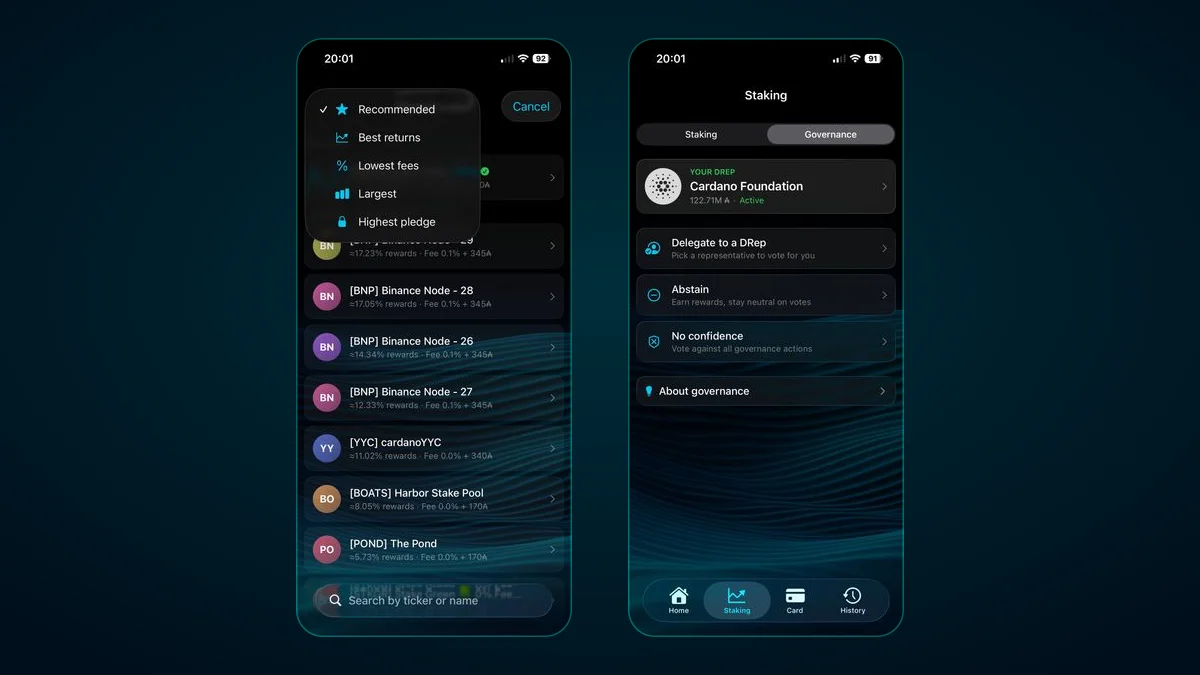 GeroWallet iOS staking: Cardano stake pool picker sorted by returns, and governance screen for DRep delegation