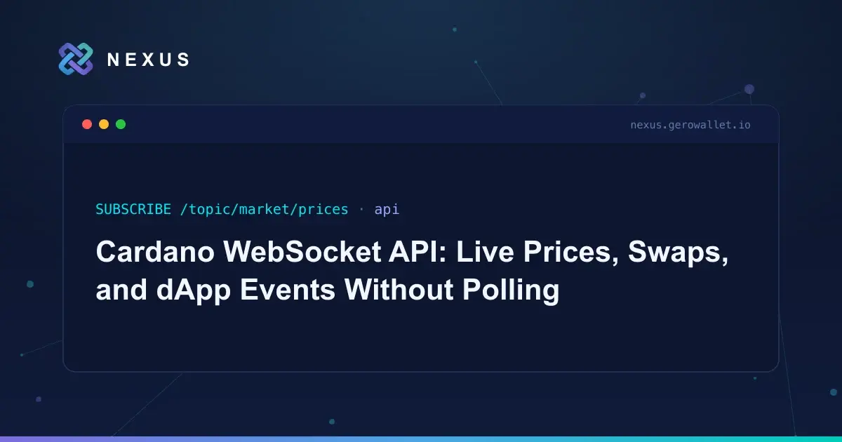 Stream live Cardano token prices, DEX swap events, and dApp events over STOMP WebSockets instead of polling. Snapshot on subscribe, then live updates.