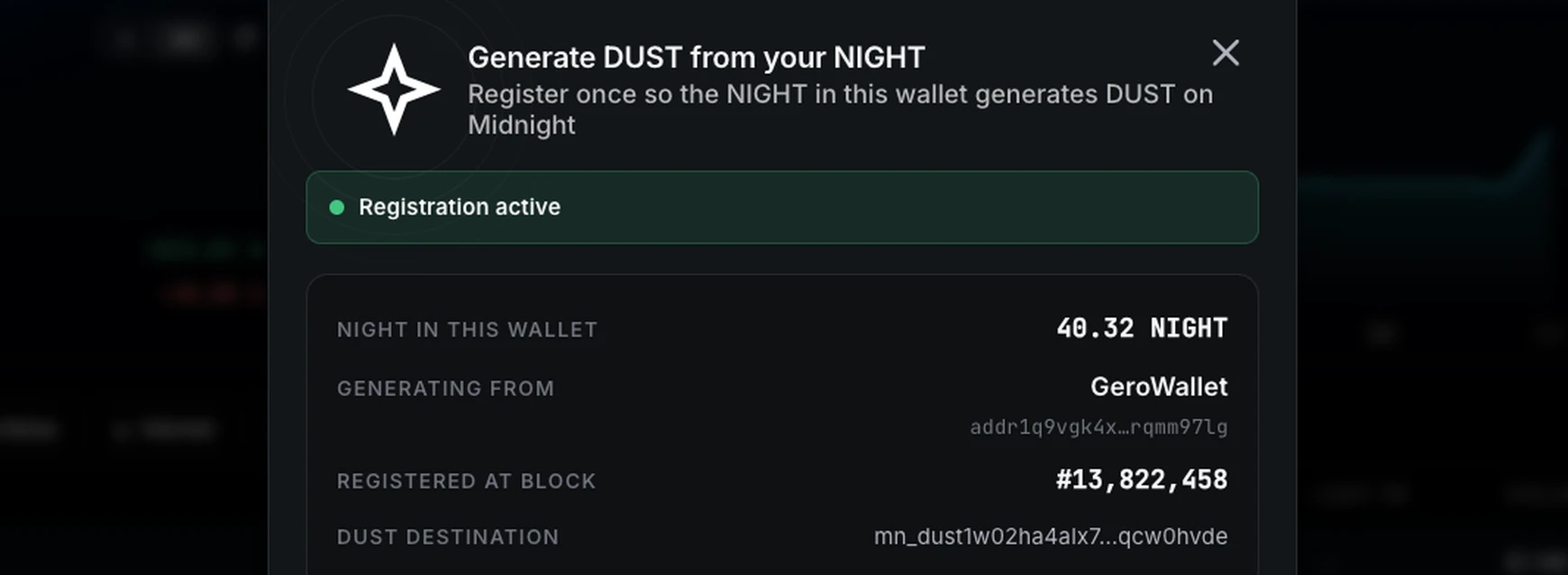 DUST registration active in GeroWallet