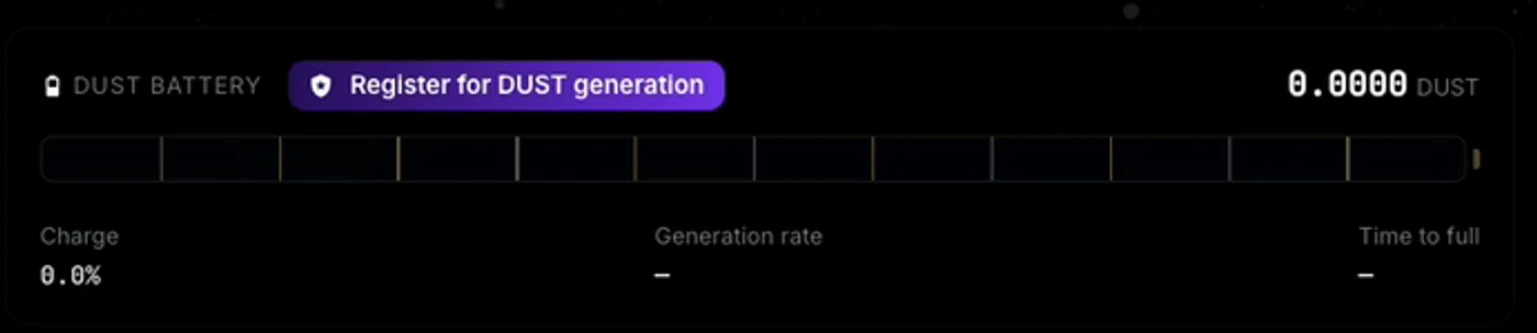 The DUST battery in GeroWallet before registration