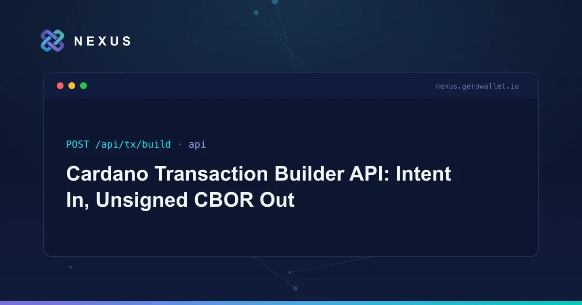 Build Cardano transactions server-side: UTXO selection, fees, delegation, governance, and DEX swaps returned as unsigned CBOR. Keys stay client-side.
