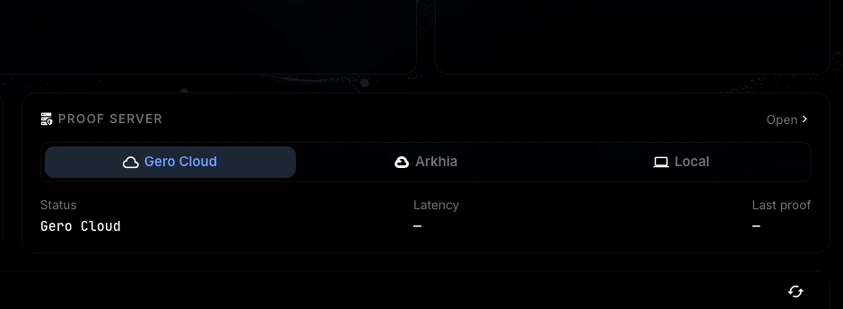 Proof server selector in GeroWallet: Gero Cloud, Arkhia or Local