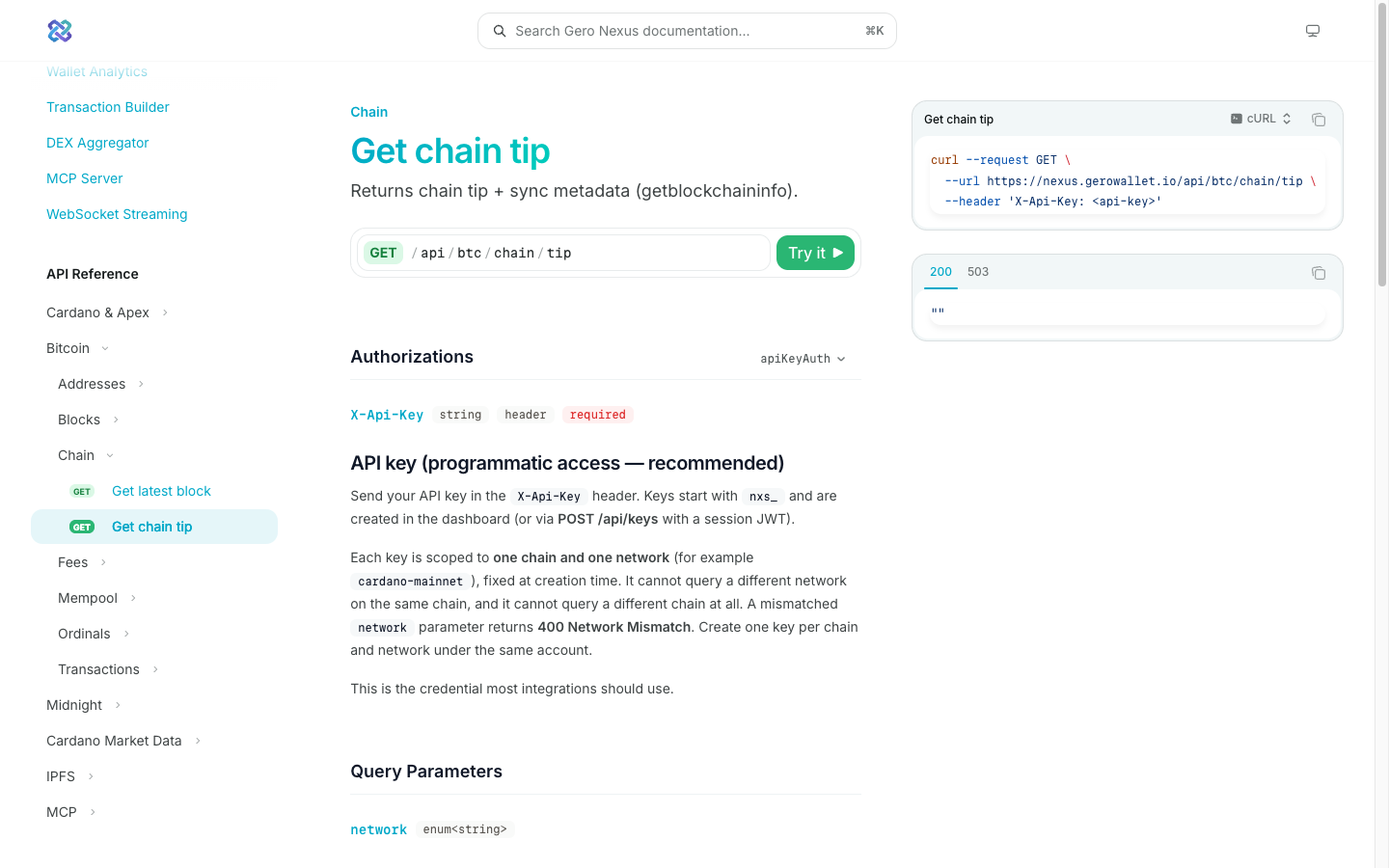 Nexus Bitcoin API reference with the endpoint tree for addresses, blocks, chain, fees, mempool, ordinals and transactions, and a live playground for GET /api/btc/chain/tip