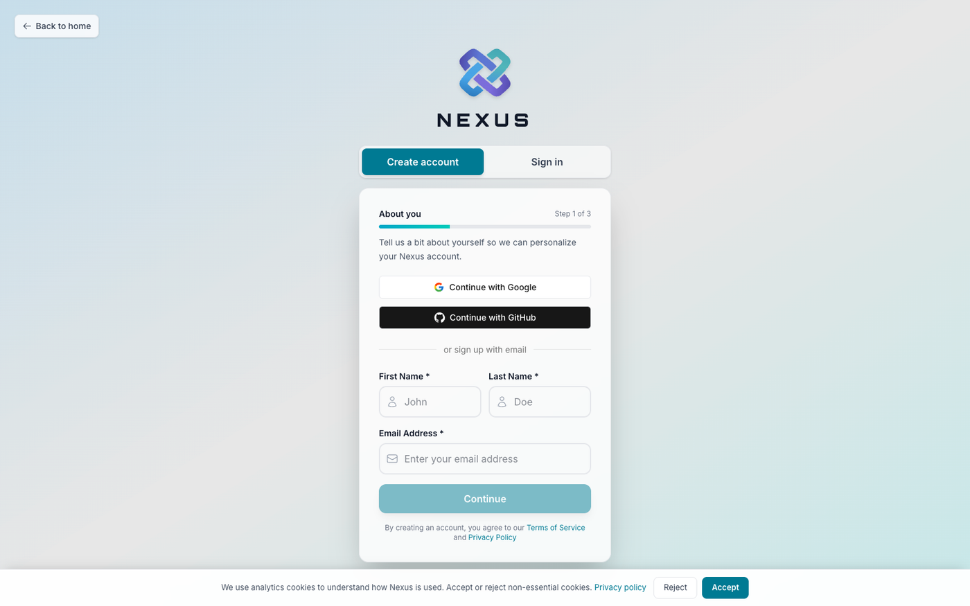 Gero Nexus signup screen, the starting point for the 7-day Builder trial when migrating off Maestro