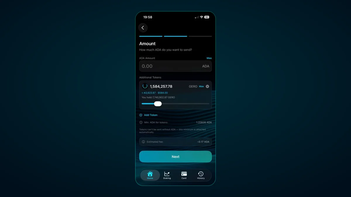 GeroWallet iOS send screen bundling ADA and a Cardano native token in one transfer with the fee shown up front