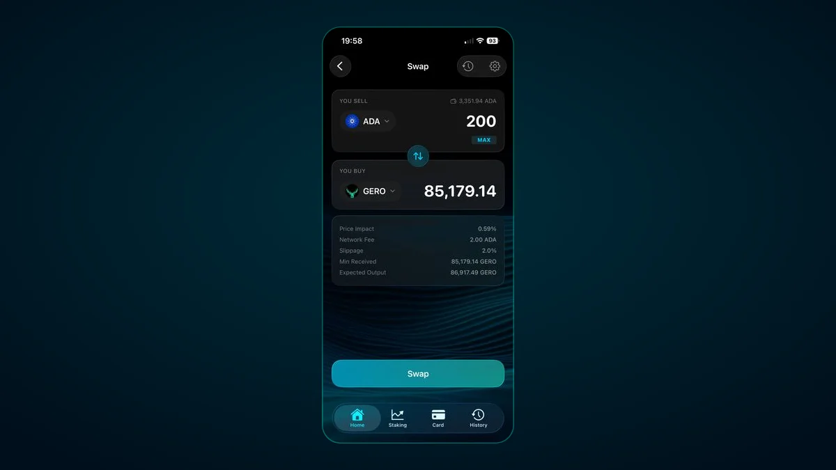 GeroWallet iOS swap screen trading ADA with price impact, network fee, slippage, and minimum received shown