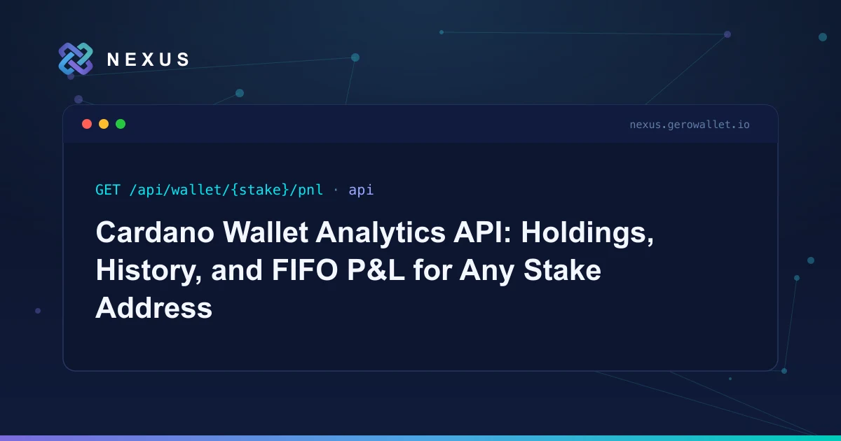Query holdings with USD valuation, wallet value over time, and FIFO profit-and-loss for any Cardano stake address through one REST API. 7-day trial.