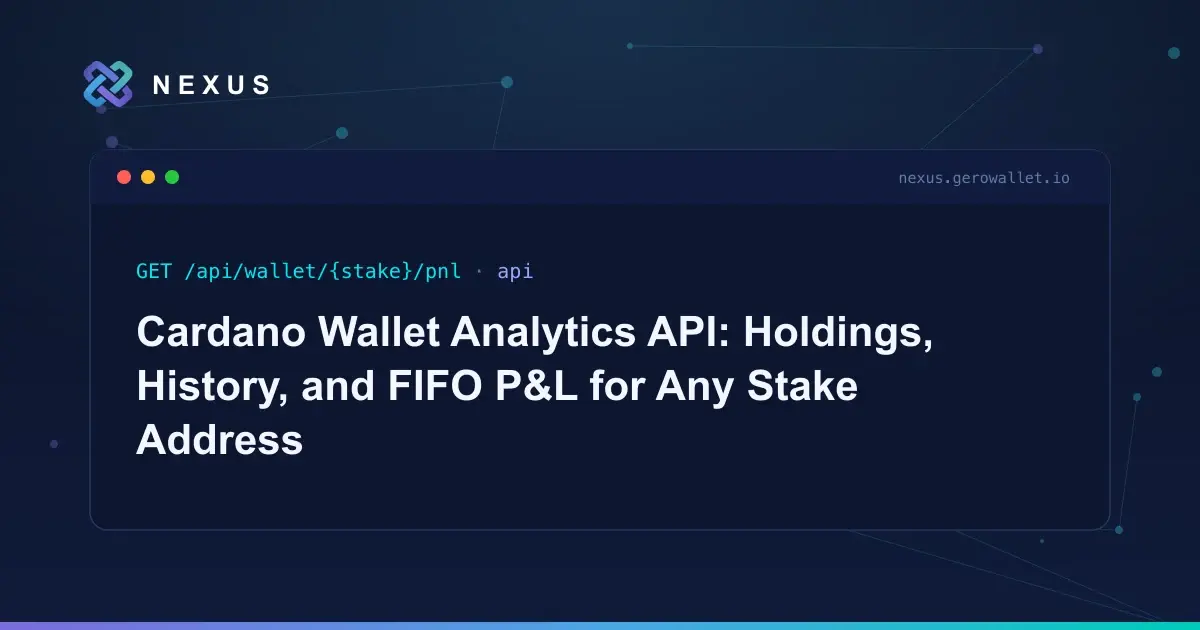 Query holdings with USD valuation, wallet value over time, and FIFO profit-and-loss for any Cardano stake address through one REST API. 7-day trial.
