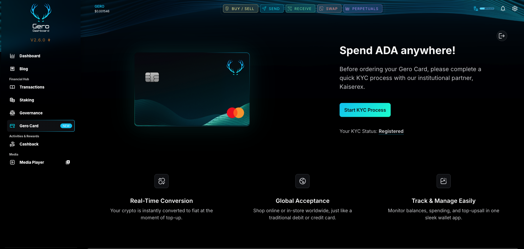 Gero Card Dashboard Interface — Spend ADA Anywhere with the Gero Wallet