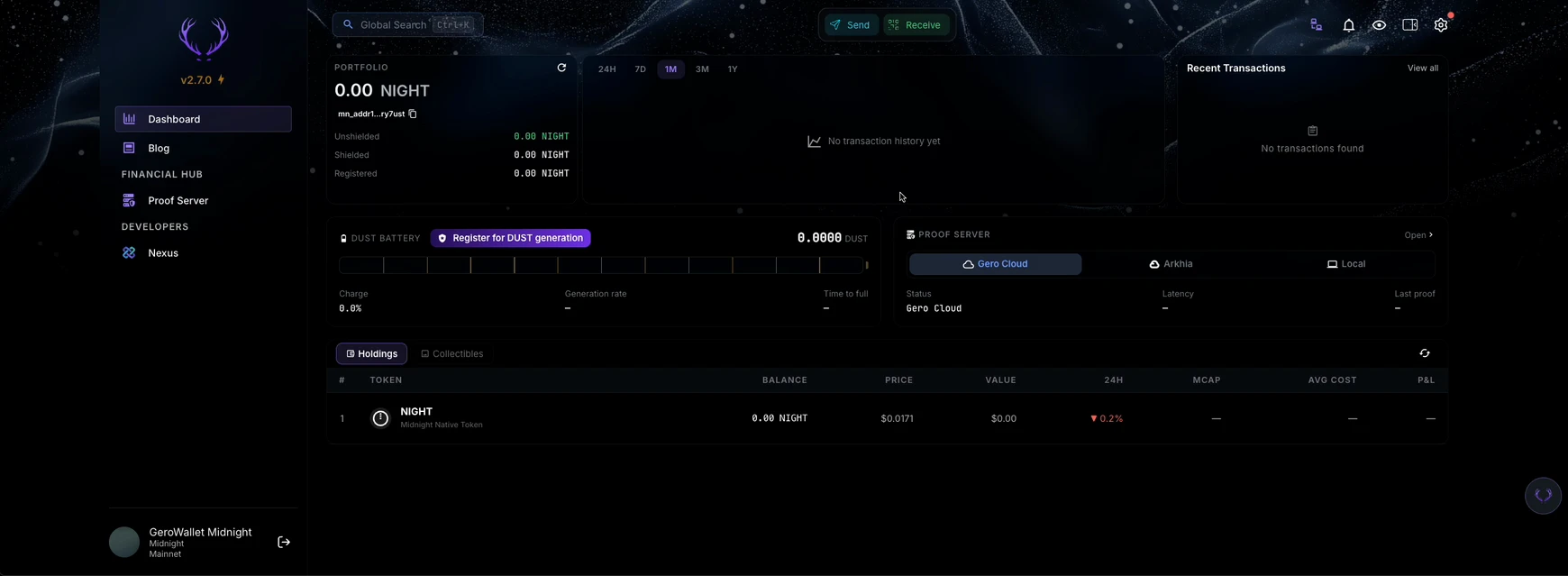The Midnight wallet dashboard in GeroWallet 2.7.0