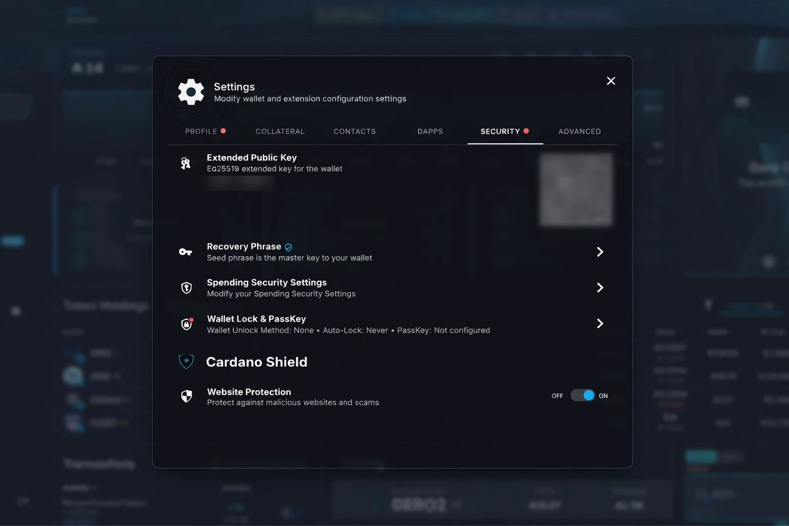 GeroWallet security settings: recovery phrase, spending security, wallet lock and passkey, Cardano Shield