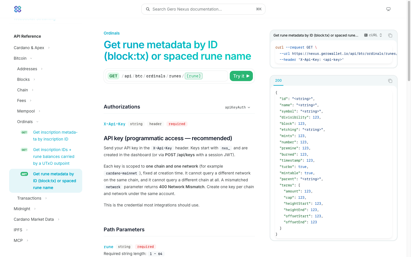 Nexus ordinals API documentation for resolving rune metadata by ID or spaced rune name, showing Bitcoin inscription and rune indexing