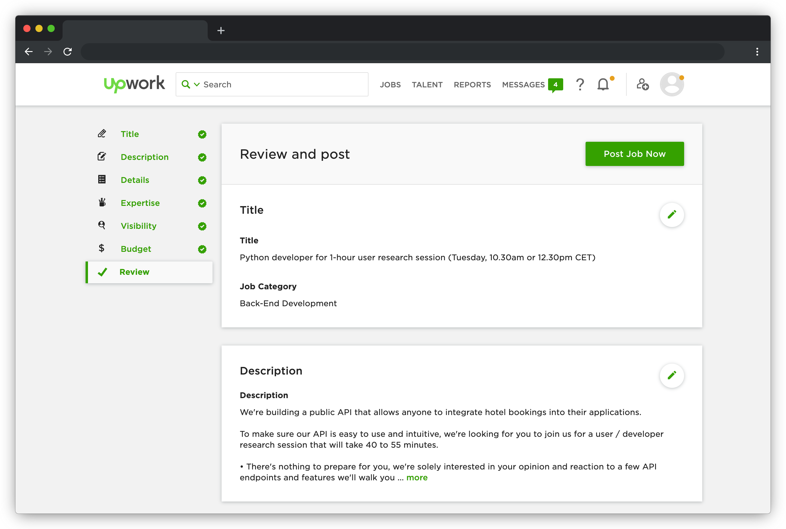 Job post on Upwork to recruit developer participants for user research