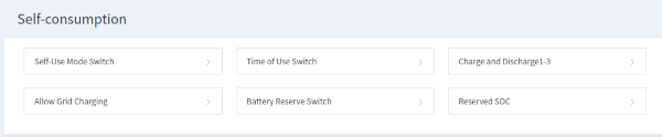 Screenshot of the Self-Use menu of the Soliscloud Remote Control interface. There are multiple buttons including Time of Use Switch and Charge and Discharge