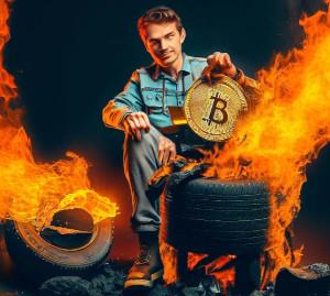 A crypto-bro sits holding a Bitcoin amongst fires made of coal and tyres. Generated using Bings AI image creator, which probably explains why he has a third hand