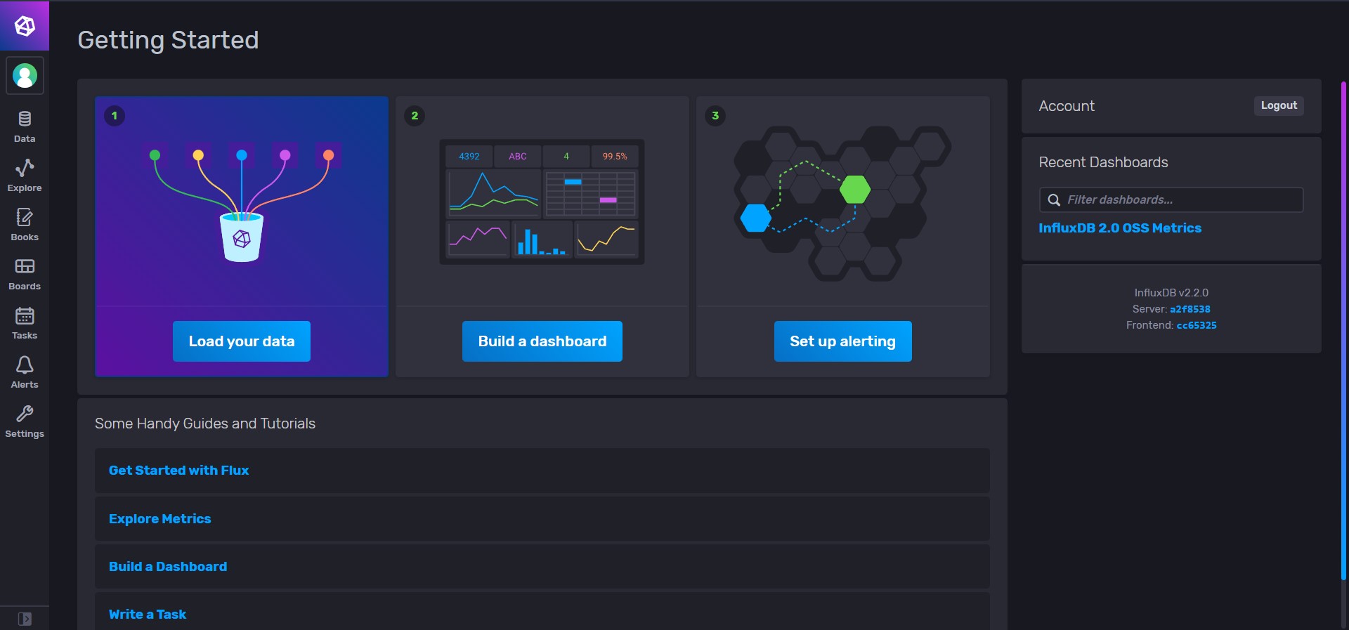 InfluxDB OSS dashboard home page