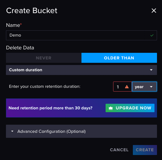 Create bucket- custom data retention options
