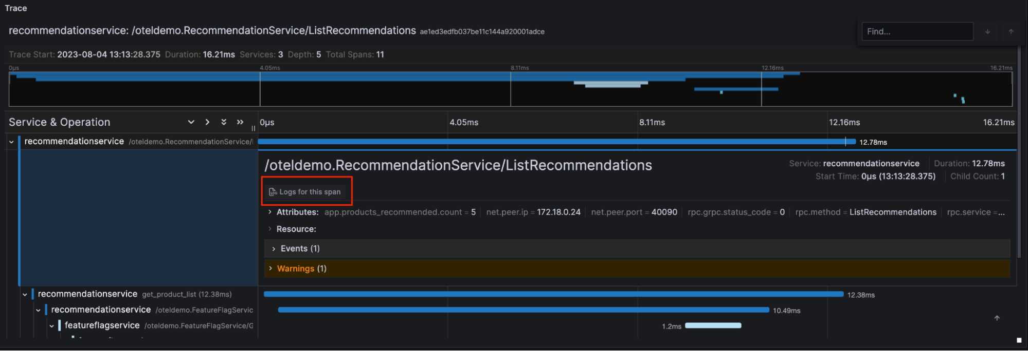 Trace visualization of Grafana