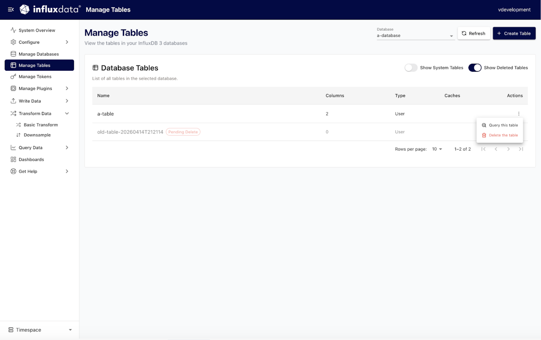 Explorer 1.7 Manage Tables