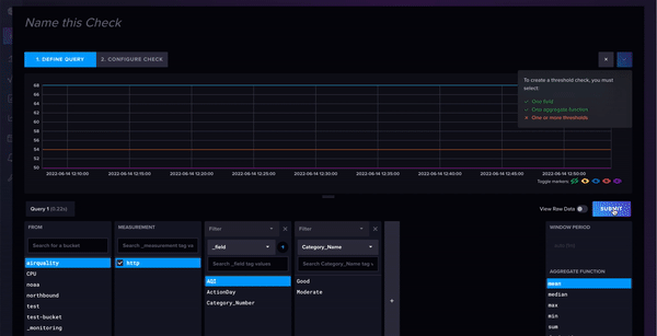 An example of how to set up a threshold check to get notified on unsafe AQI with the InfluxDB UI