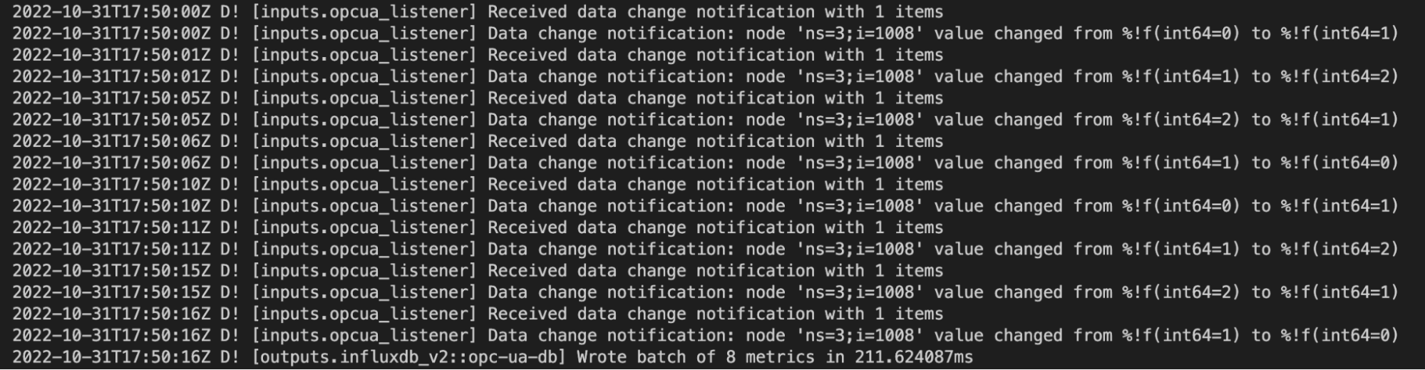 OPC UA Listener is subscribed to each state change