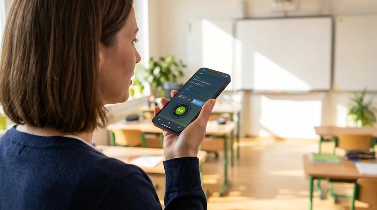 Lehrkraft nimmt eine Sprachnotiz mit dem Smartphone auf