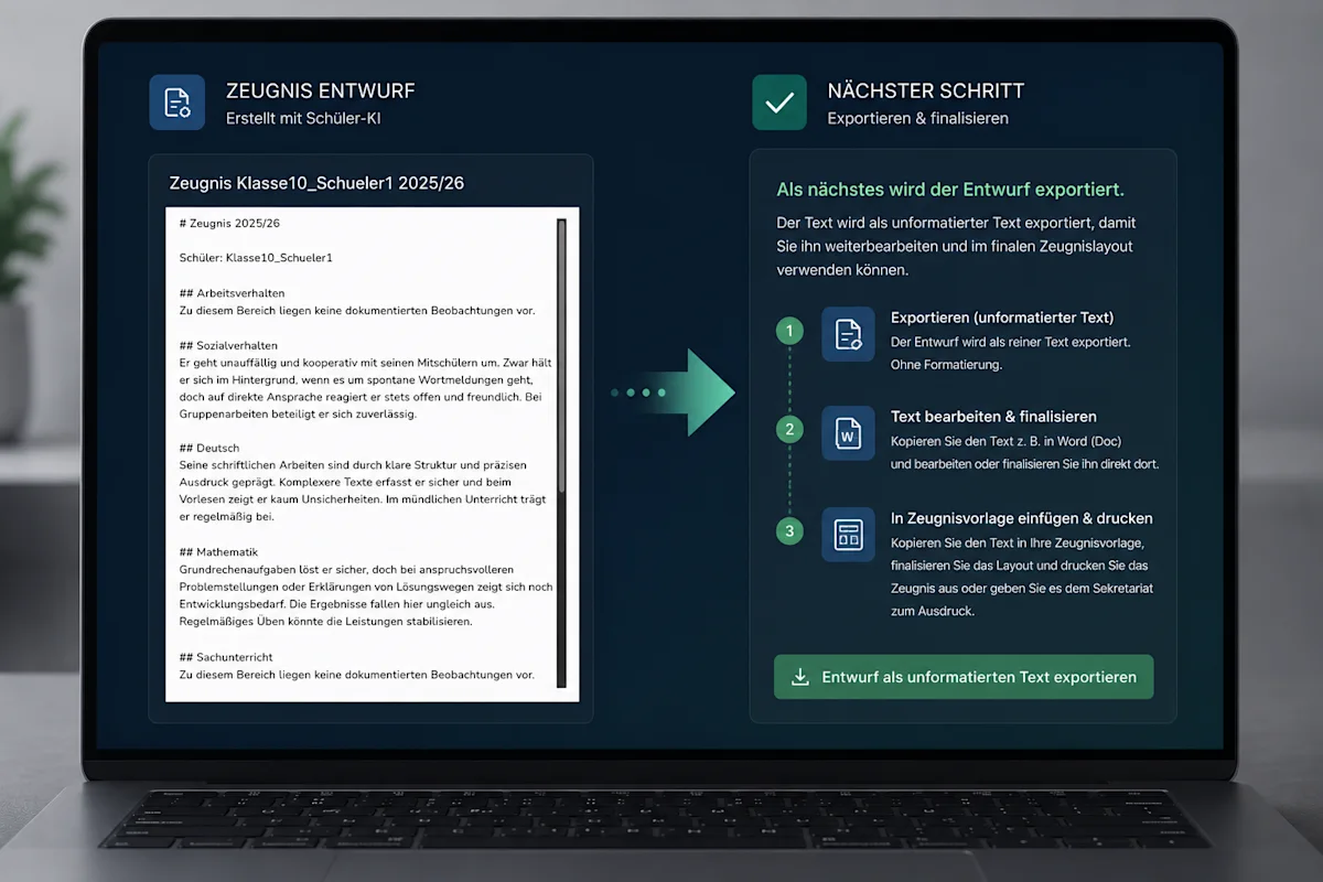 Fertiger Zeugnisentwurf in der Schevi App mit strukturiertem Text und Export-Optionen zum Finalisieren