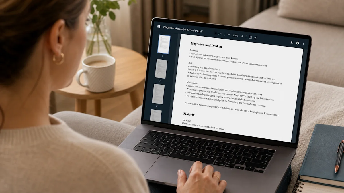Lehrkraft am Laptop liest den fertigen Förderplan als PDF in Schevi