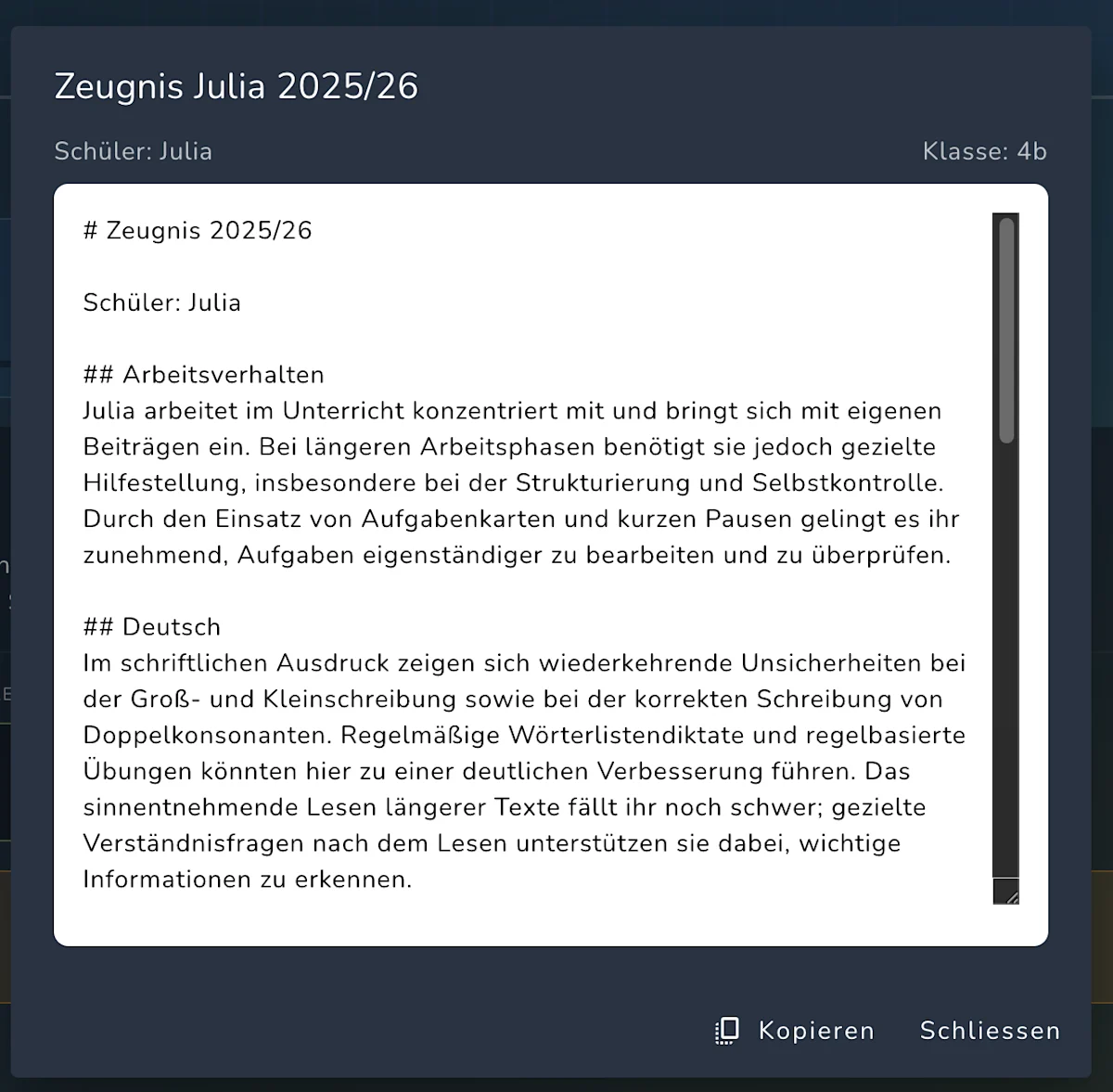 Zeugnisentwurf-Vorschau in Schevi — kopierbar für Schulzeugnis-Programme