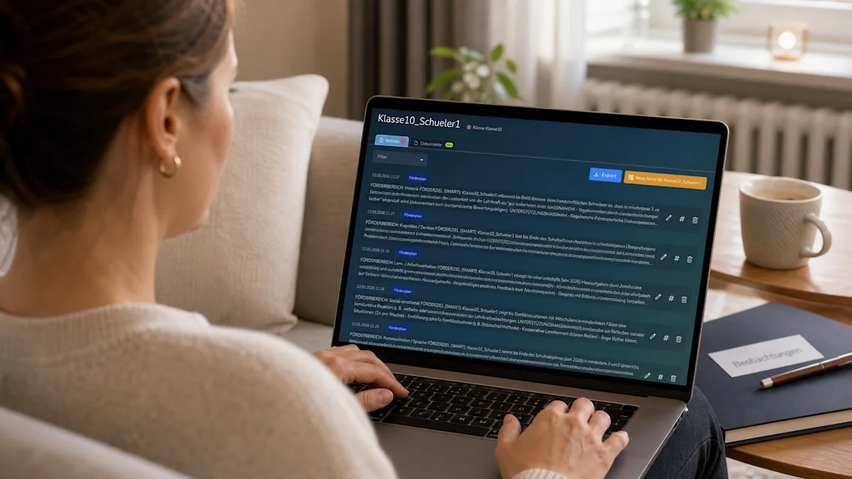Lehrkraft am Laptop ergänzt und verschlagwortet Beobachtungsnotizen in der Schevi-Web-App