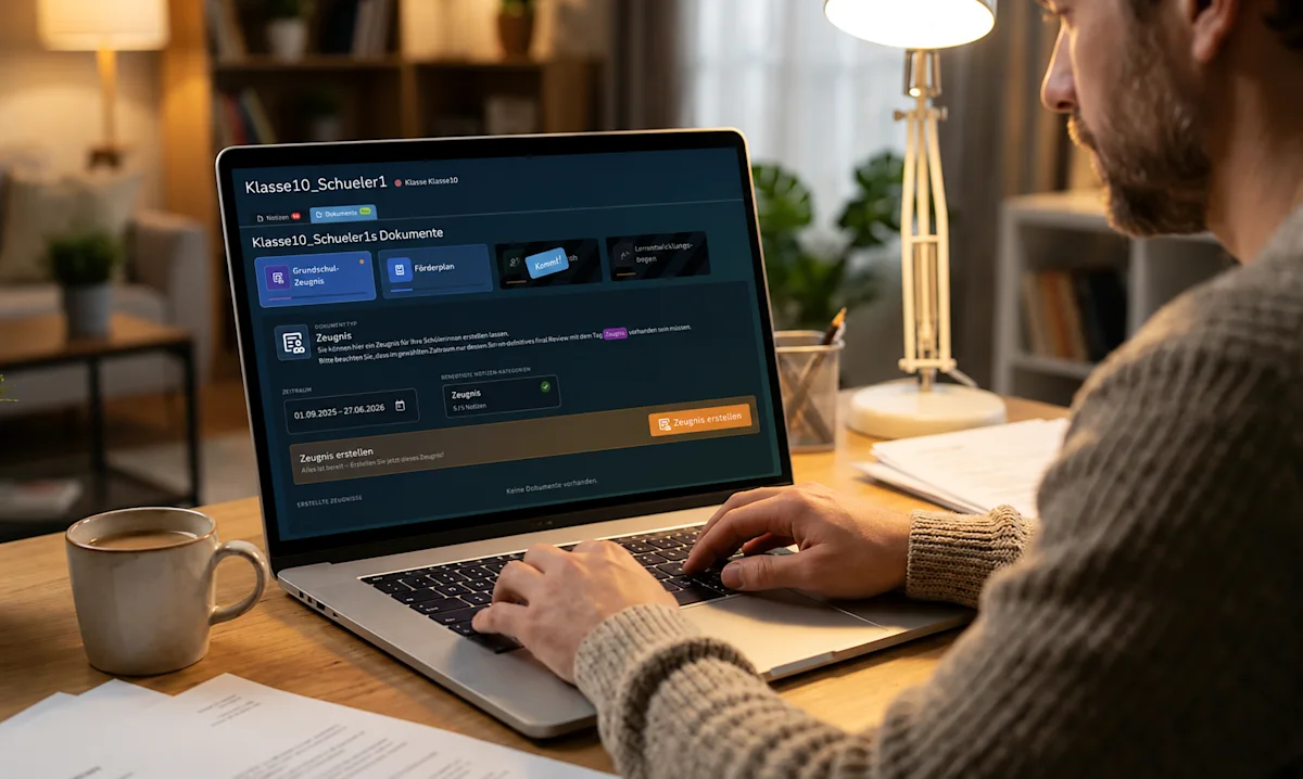 Lehrkraft am Laptop generiert ein Schulzeugnis mit einem Klick in der Schevi App