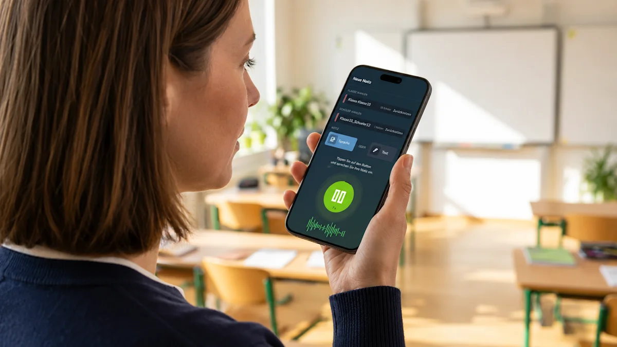 Lehrerin im Klassenzimmer nimmt eine Beobachtungsnotiz als Sprachaufnahme in der Schevi App auf