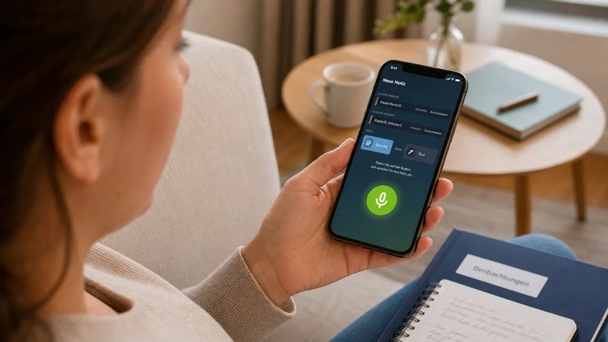 Lehrkraft hält ein Smartphone mit der Schevi-App und nimmt eine Sprachnotiz auf