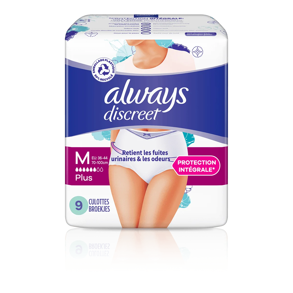 Culottes d'incontinence et post-partum Always Discreet, P/M, maximum plus,  4x plus de douceur, testées sous contrôle dermatologique, sans parfum 28  culottes 