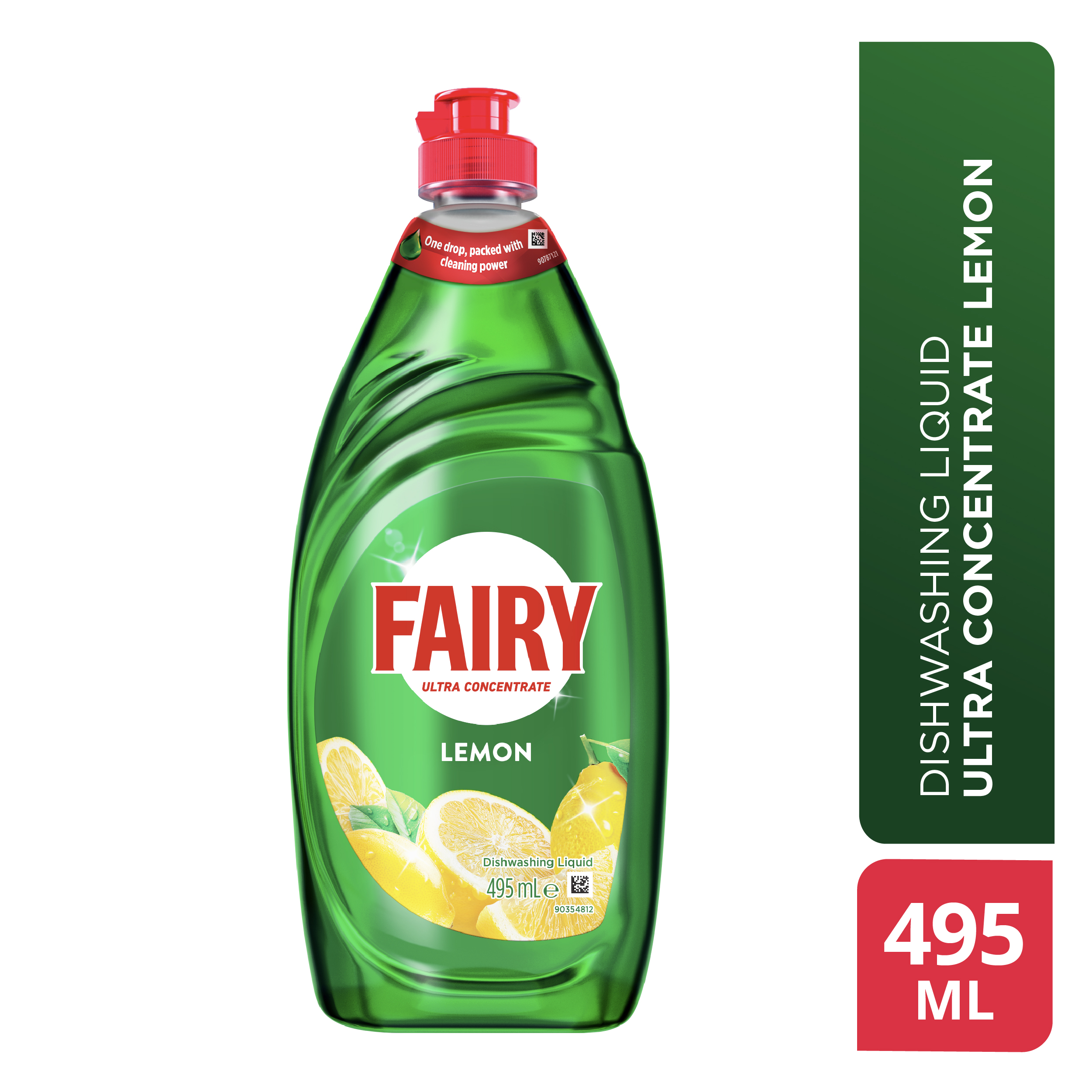 One drop of Fairy Ultra Concentrate Lemon Dishwashing Liquid (495ml) product is made with recyclable terracycle packaging