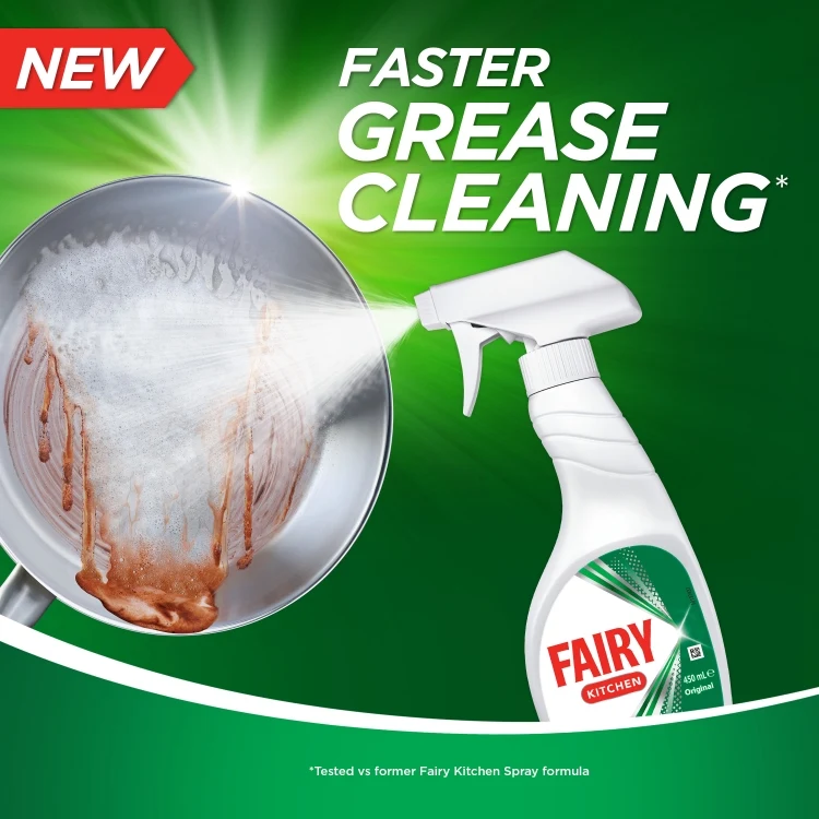 Fairy Antibacterial dish and multi-surface kitchen spray cleans tough grease from the dishes faster