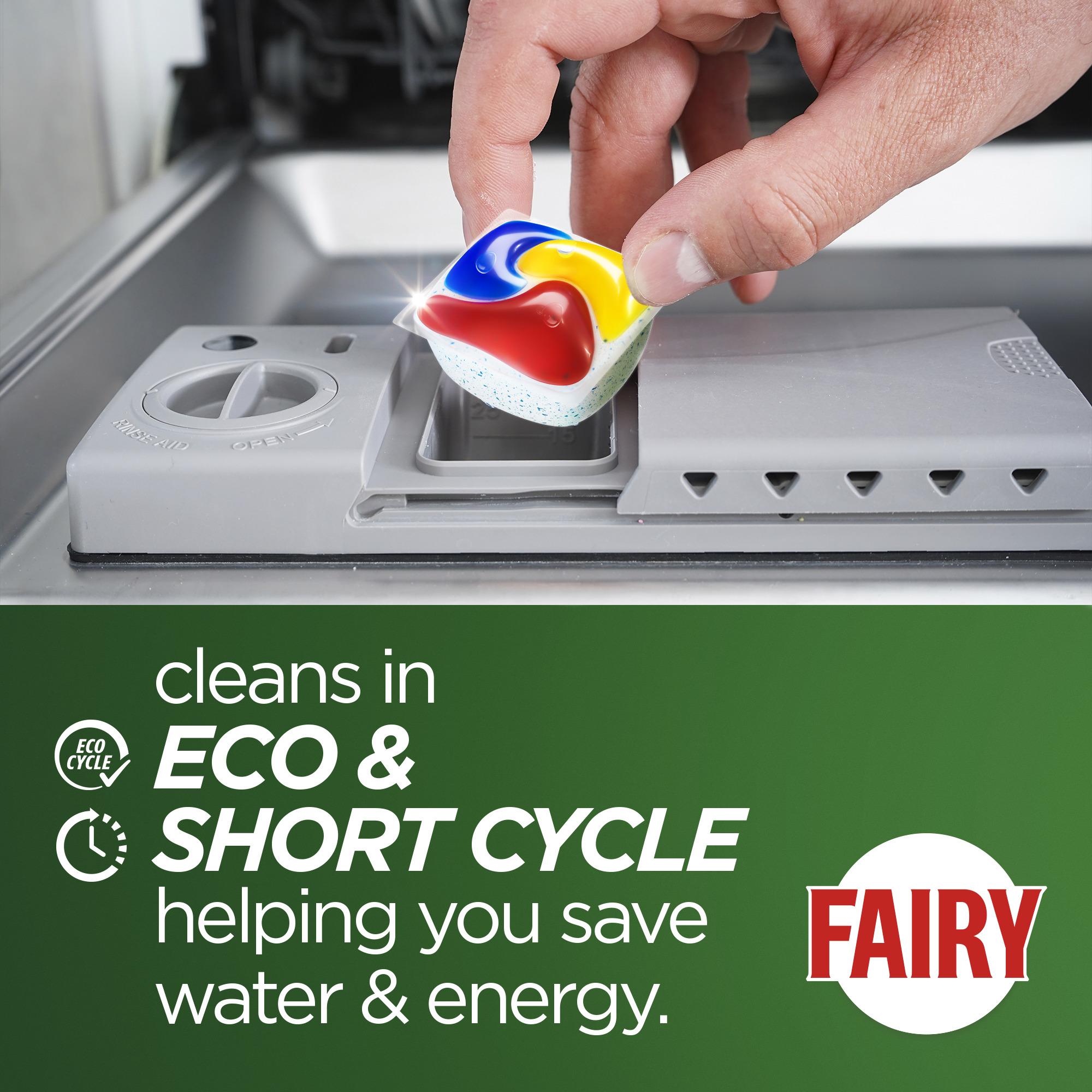 Fairy Platinum Plus Dishwasher Tablet's product packaging is made with recyclable terracycle & the plant operates with 100% renewable energy