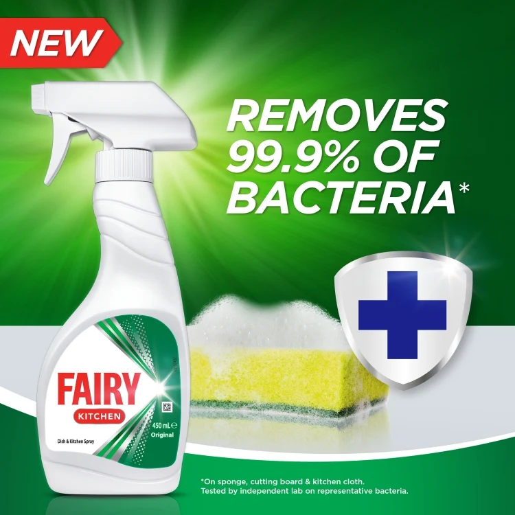 Fairy Antibacterial dish and multi-surface kitchen spray removes 99.9% of bacteria