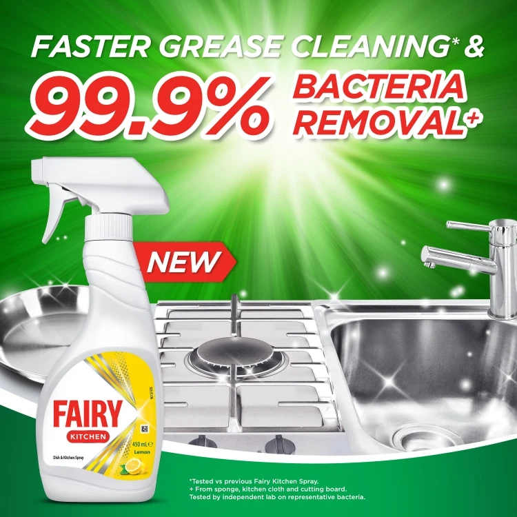 Fairy Antibacterial dish and multi-surface kitchen spray for sparkling clean kitchen