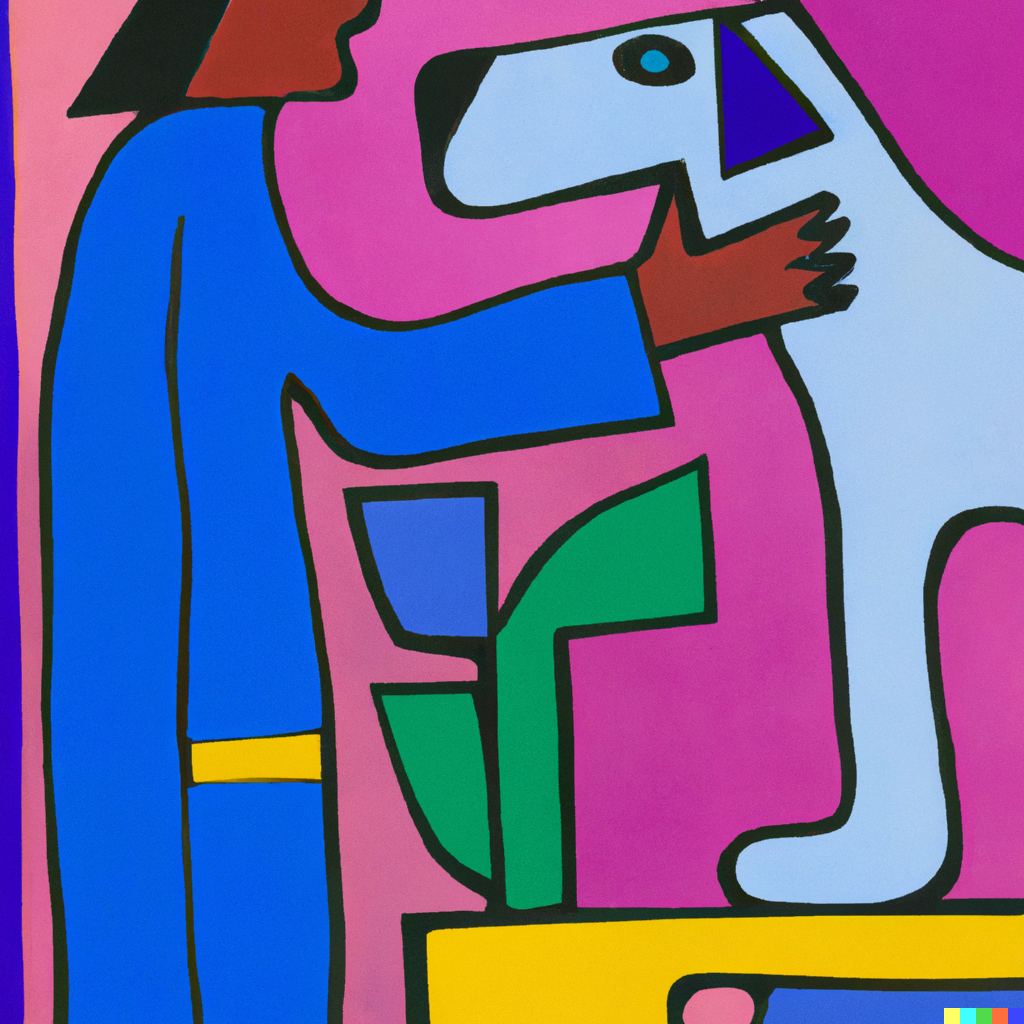 DALL·E  - painting in the style of Matisse of a dog greeting its owner