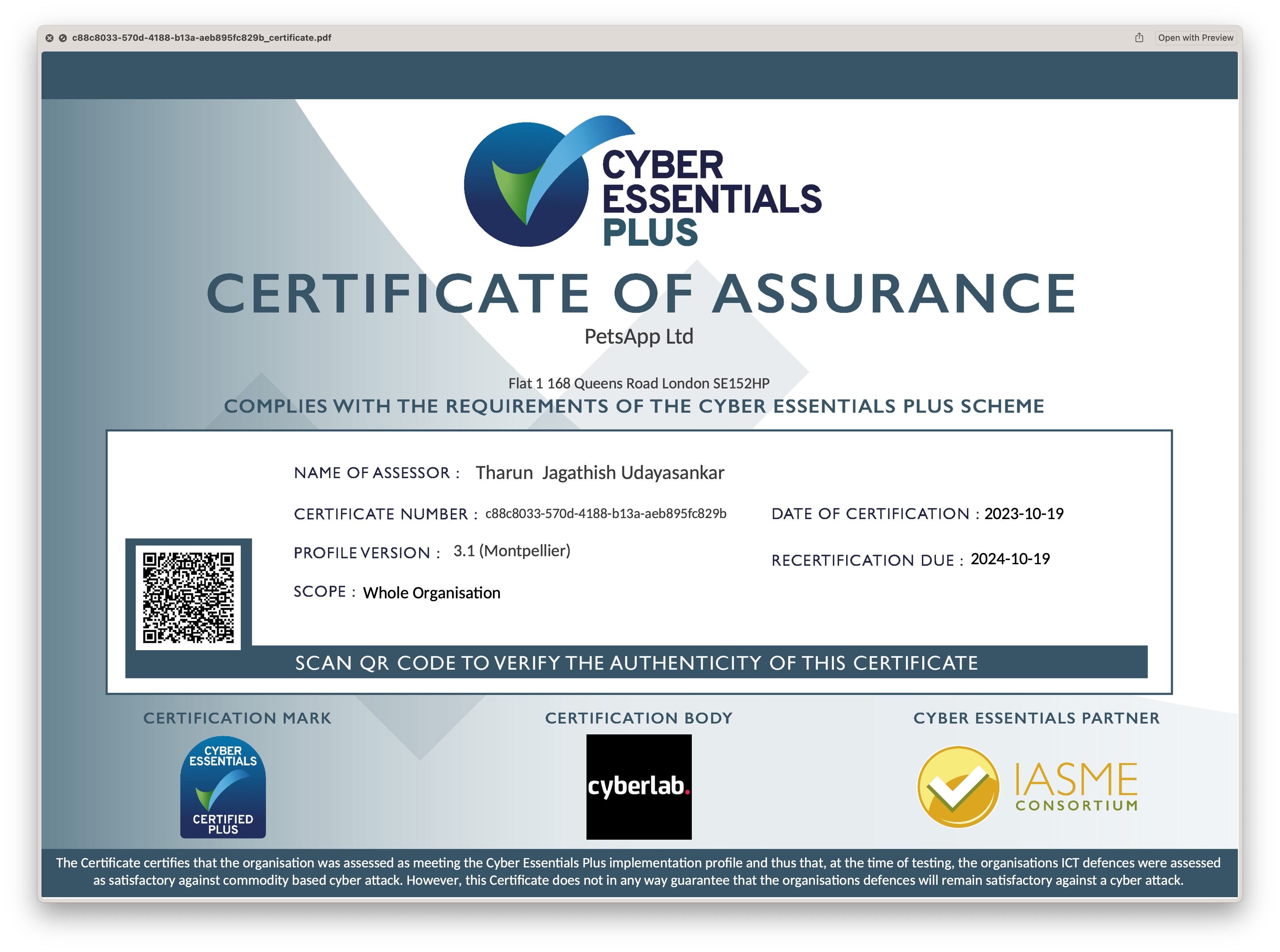 PetsApp Cyber Essentials Certified