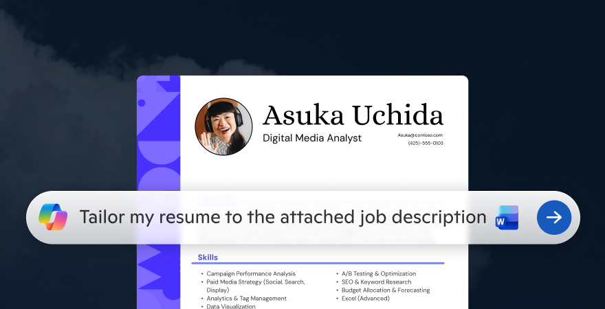 Copilot chat box with a resume behind it