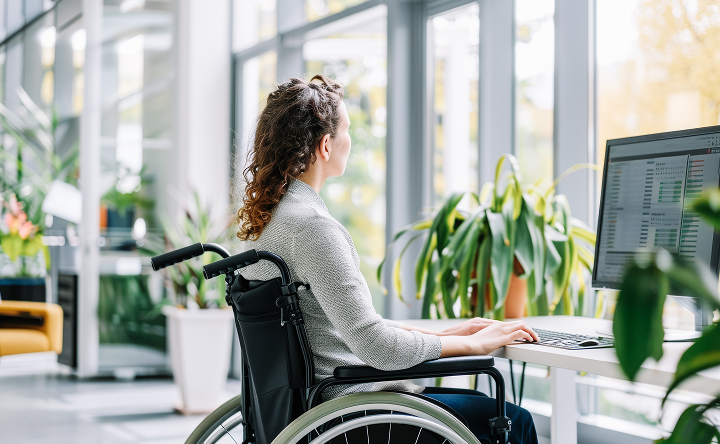 Person using a desktop computer from a wheelchair in a bright workspace