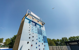 The bold, blue climbing wall at Burnham-on-Sea.